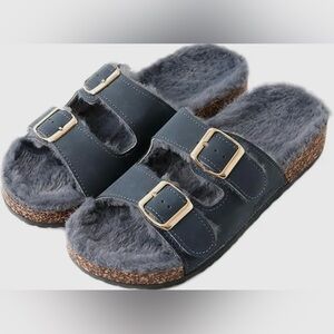 Grey Double Buckle Feather Adjustable Straps Sandals